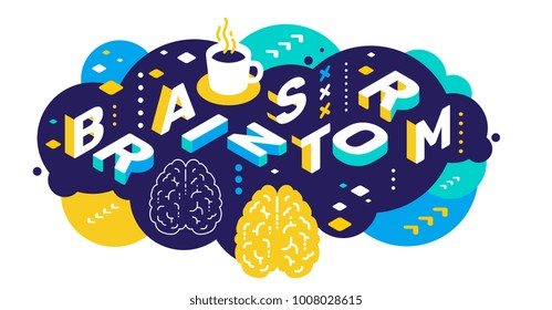 Vector creative abstract horizontal illustration of 3d brainstorm word lettering typography on color background. Brainstorming concept with brain, decor element. Isometric design for business banner