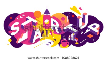 Vector creative abstract horizontal illustration of 3d startup word lettering typography on bright background. Startup technology concept with spaceship. Isometric design for business startup banner
