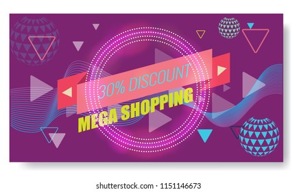 Vector Creative Abstract Memphis Banner or poster template layout. Bright arrow, ribbon and other Elements. Purple color.