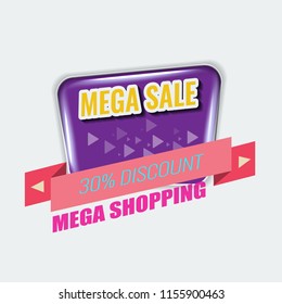 Vector Creative Abstract Memphis Banner or poster template layout. 3d tag, Bright arrow, ribbon and other Elements. Purple color.