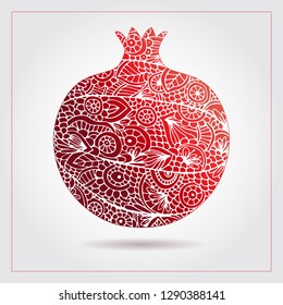 Vector creative abstract pomegranate fruit. Decorative design for Jewish holidays. Tu Bishvat, Sukkot, Rosh Hashanah. Hand drawn pattern with pomegranate ornaments and elements. Healthy food logo