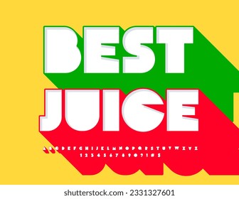 Vector creative advertisement Best Juice. Bright 3D Font with Big Red Shadow. Modern Artistic Alphabet Letters and Numbers set. 