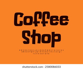 Vector Creative Advertisement Coffee Shop. Comic Brown Font. Bright Playful Alphabet Letters and Numbers set.