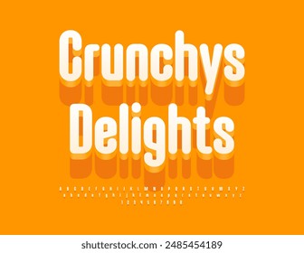 Vector creative advertisement Crunchy Delights. Artistic White 3D Font. Modern Alphabet Letters and Numbers set.