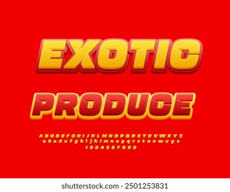 Publicidad creativa de Vector Exotic Produce. Fuente amarilla y roja brillante. Conjunto de letras y números de alfabeto único.