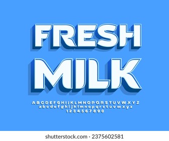 Vector creative advertisement Fresh Milk. 3D bright Font. Modern Blue Alphabet Letters, Numbers and Symbols set