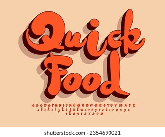 Vector creative advertisement Quick Food. Funny Playful 3D Font. Bright handwritten Alphabet Letters, Numbers and Symbols set.