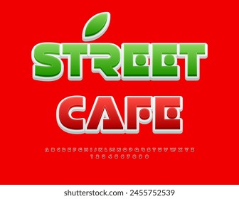 Vector creative advertisement Street Cafe with decorative Leaf. Trendy style Font. Red unique Alphabet Letters and Numbers set.
