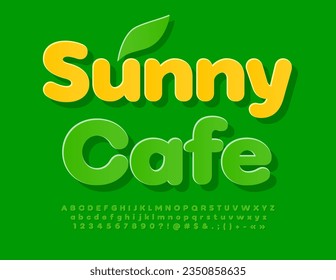 Vector creative advertisement Sunny Cafe. Bright sticker Font. Green Alphabet Letters, Numbers and Symbols set.