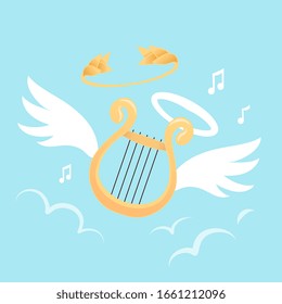 Vector creative angel illustration of flying harp with wings and halo on blue sky background with cloud. Flat style concept design for web, site, banner, poster