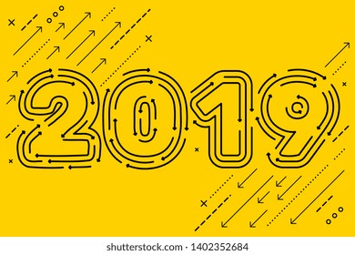 Vector creative arrow number 2019 on yellow color background. Flat style graphic design of year symbol for web, site, banner, poster, card, cover