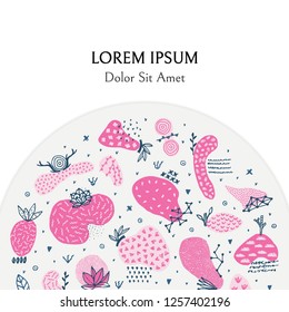 Vector creative background. Semicircle includes hand drawn abstract shapes with different textures, spots and decorative elements. Doodle. It can be used for cover, card, label, brochure, invitation