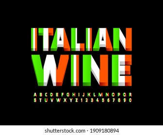 Vector creative badge Italian Wine. Italy flag Font. Modern Alphabet Letters and Numbers set