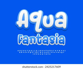 Banner creativo vectorial Aqua Fantasia con fuente artística. Conjunto de letras y números del alfabeto azul y blanco.