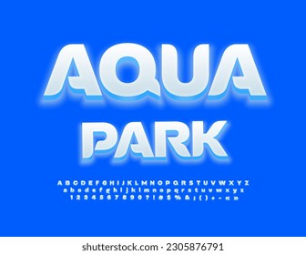 Vector creative banner Aqua Park. Glowing White Font. Illuminated Alphabet Letters, Numbers and Symbols set