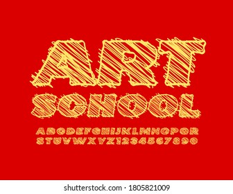 Vector creative banner Art School. Yellow drawn Font. Pencil sketch Alphabet Letters and Numbers set