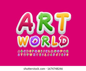 Vector creative banner Art World. Handwritten bright Font. Colorful Alphabet Letters and Numbers