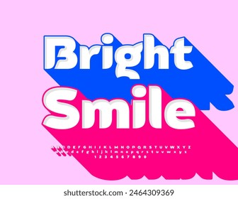 Vector creative banner Bright Smile. Stylish Exclusive Font with Pink Big Shadow. Creative Alphabet Letters and Numbers set.