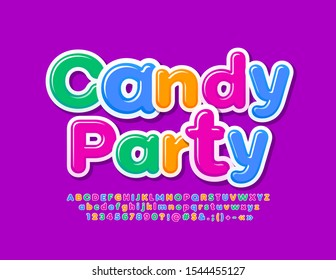 Vector Creative Banner Candy Party With Bright Font. Colorful Kids Alphabet Letters, Numbers And Symbols