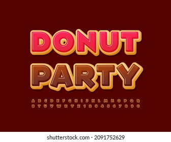 Vector creative banner Donut Party with delicious Alphabet Letters and Numbers set. Decorative tasty Font