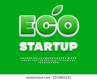 Vector creative banner Eco Startup. White and Green Bright Font. Artistic Alphabet Letters and Numbers set.