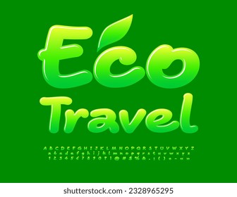 Pancarta creativa vectorial Eco Travel con hoja decorativa. Fuente de degradado verde. Letras, números y símbolos alfabéticos escritos a mano