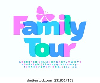 Vector creative banner Family our with decorative Butterfly. Watercolor Alphabet Letters, Numbers and Symbols set. Cute stylish Font