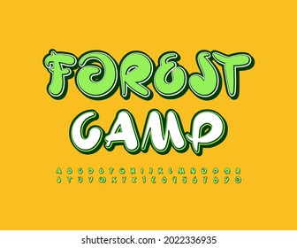Vector creative banner Forest Camp with handwritten Font. Artistic Alphabet Letters and Numbers set