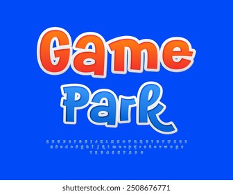 Vector creative banner Game Park. `funny `blue Font. Bright sticker Alphabet Letters and Numbers set.