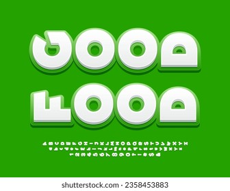 Vector creative banner Good Food with rotated Font. White and Green unique Alphabet Letters, Numbers and Symbols set