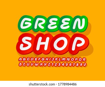 Vector creative banner Green Shop. Sticker style Font. Handwritten bright Alphabet Letters and Numbers