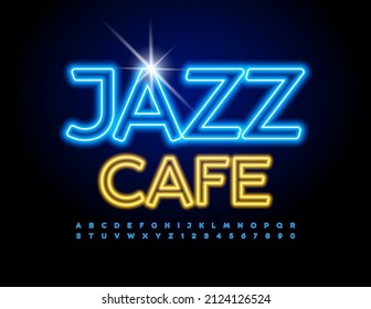 Vector Creative Banner Jazz Cafe. Neon Font. Glowing Alphabet Letters And Numbers Set