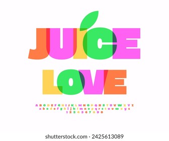 Vector creative banner Juice Love. Decorative bright Font. Watercolor Alphabet Letters and Numbers set