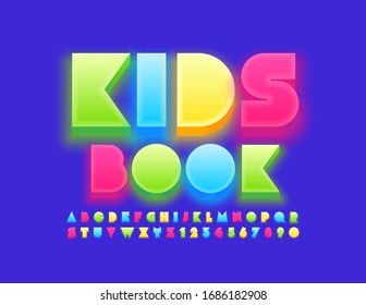 Vector creative banner Kids Book. Bright glow Font. Colorful Alphabet Letters and Numbers