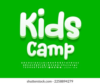 Vector creative banner Kids Camp. Funny white 3D Font. Playful style Alphabet Letters and Numbers