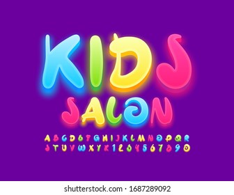 Vector creative banner Kids Salon. Colorful artistic Font. Bright glowing Alphabet Letters and Numbers