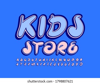 Vektorkreatives Banner Kids Store. Künstlerische Rosa und blaue Schriftart. Handgeschriebene Alphabet-Buchstaben und -Zahlen