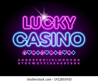 Vector creative banner Lucky Casino. Glowing bright Font. Neon Alphabet Letters and Numbers set