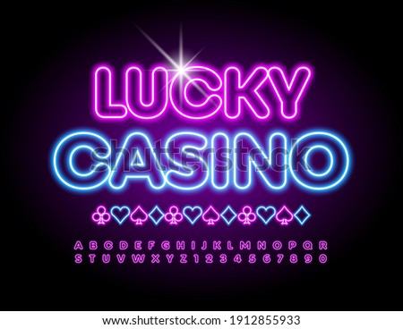 Vector creative banner Lucky Casino. Glowing bright Font. Neon Alphabet Letters and Numbers set