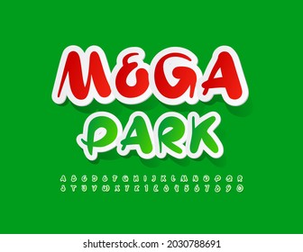 Vector creative banner Mega Park. Green artistic Font. Sticker style Alphabet Letters and Numbers set