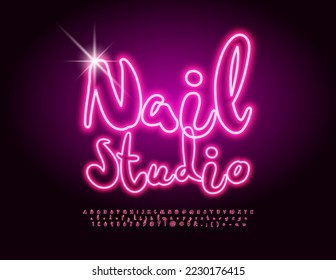 Vector creative banner Nail Studio. Pink Neon Font. Bright Glowing Alphabet Letters and Numbers. 