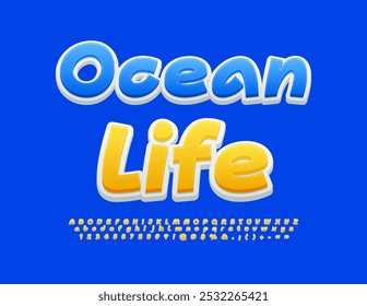 Vector creative Banner Ocean Life. Sunny Yellow Font. Artistic Alphabet Letters and Numbers set. 