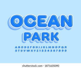Vector creative banner Ocean Park. Blue 3D Font. Modern Alphabet Letters and Numbers set