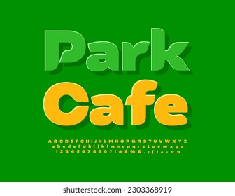 Vector creative banner Park Cafe. Modern Sticker Font. Artistic Alphabet Letters and Numbers set