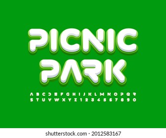 Vector Creative Banner Picnic Park. Modern Bright Font. Artistic Alphabet Letters And Numbers Set