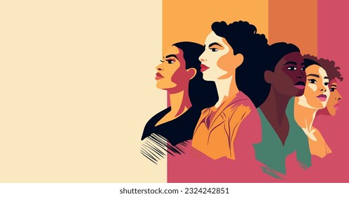 Vector creative banner place for text International Women's Day women of different cultures and nationalities stand side by side together. the concept of the movement for gender equality - Shutterstock ID 2324242851