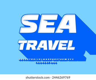 Vector creativo Anuncio Sea Travel. Fuente 3D moderna con sombra azul grande. Conjunto de letras y números decorativos del alfabeto.
