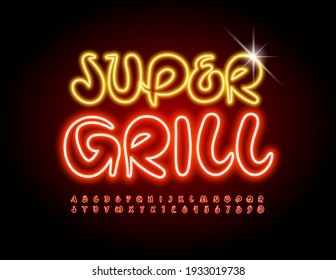 Vector creative banner Smoke Grill. Artistic bright Font. Red Neon Alphabet Letters and Numbers set