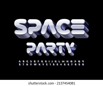 Vector creative banner Space Party. Unique White and Chrome Font. Techno style 3D Alphabet Letters and Numbers set