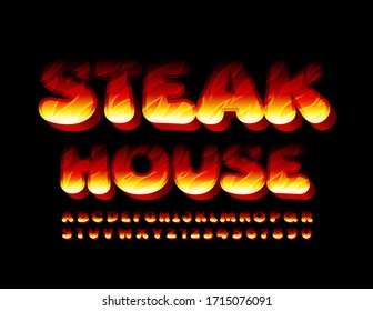 Vector Creative Banner Steak House With Fire Pattern Font. Flaming Alphabet Letters And Numbers